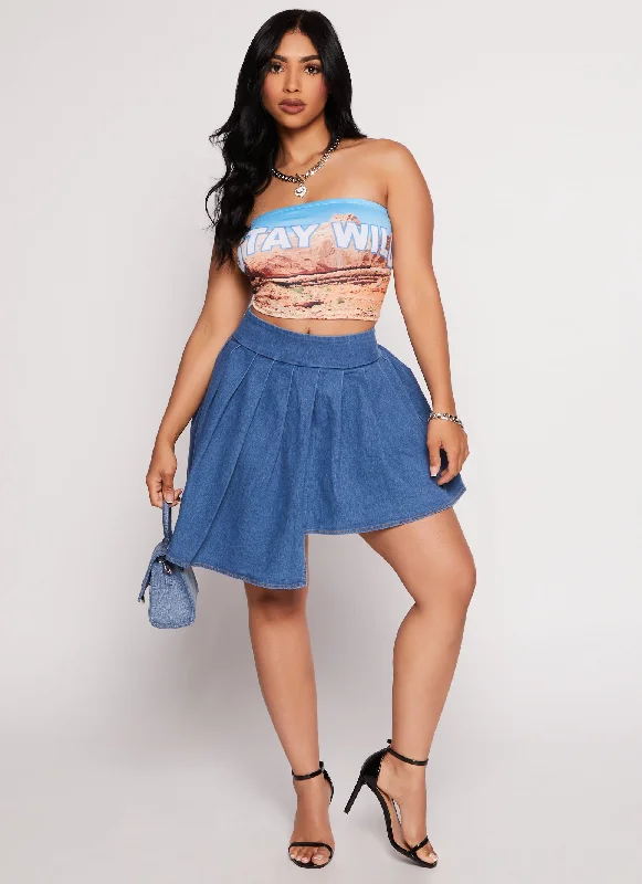 Lazy Home Comfortable Series Daisy Denim Pleated Asymmetrical Skort
