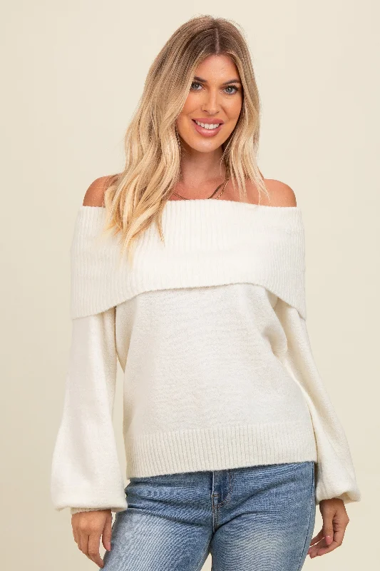 Luxury Style Elegant Design Ivory Off Shoulder Foldover Sweater
