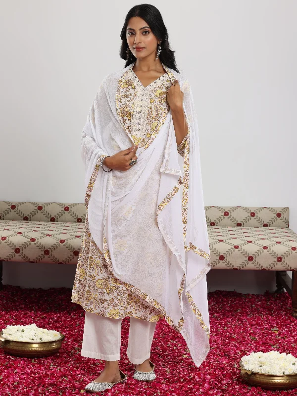 Single-shoulder Neck Design Off White Printed Cotton Straight Suit With Dupatta