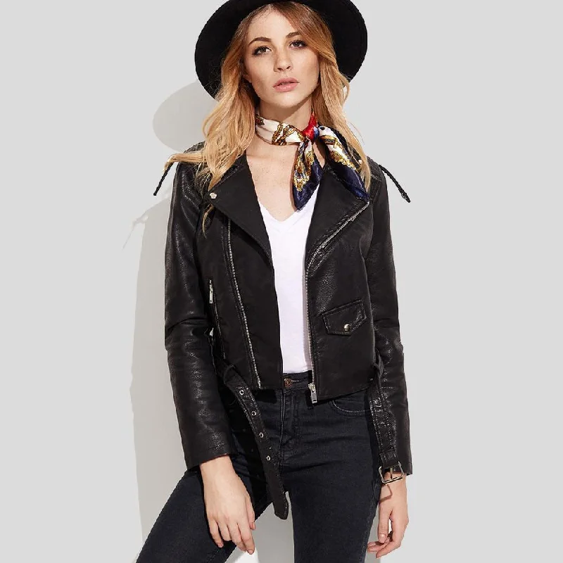 Extra long version Women's Sienna Black Biker Leather Jacket