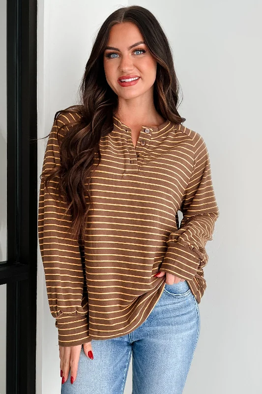 Printed Patterns College Style Harvest Hues Striped Long Sleeve Top (Mocha)