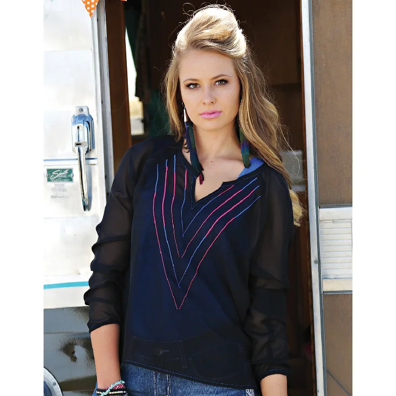 Bright Colors Celebrity Must-have Cruel Girl Black V-Neck Sheer Blouse