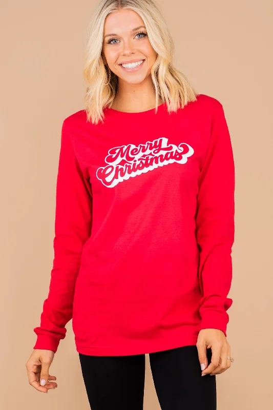 Classic Style French Retro Merry Christmas Red Graphic L/S Tee