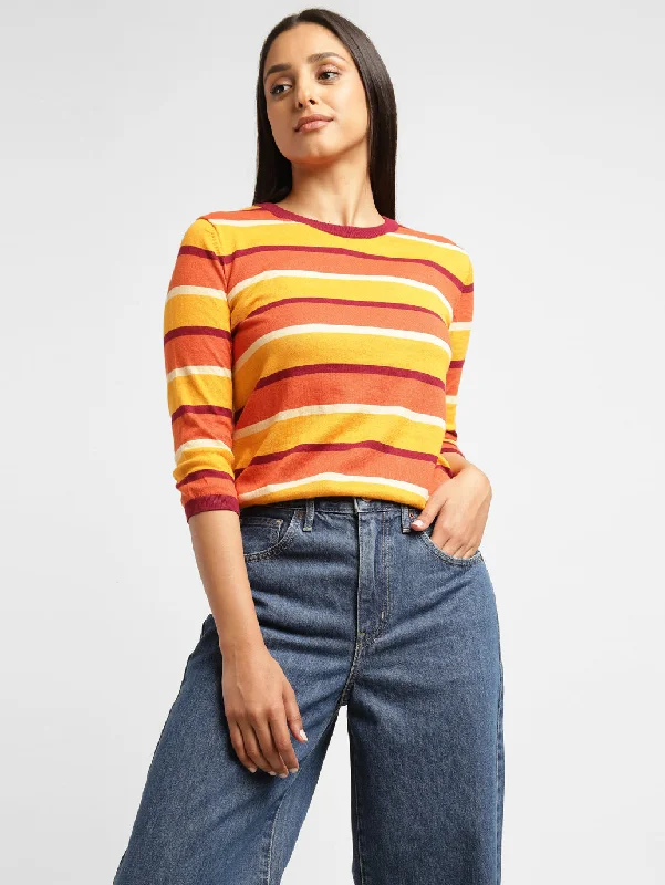 Minimal Style Warm And Comfortable Women's Striped Crew Neck T-shirt
