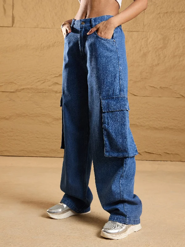 Bright Colors Fresh And Simple Women Blue Washed Box Pockets Straight Fit Jeans