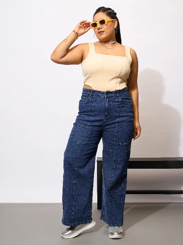 New Products Outdoor Trend Women Blue Acid Wash Hem Pocket Straight Jeans