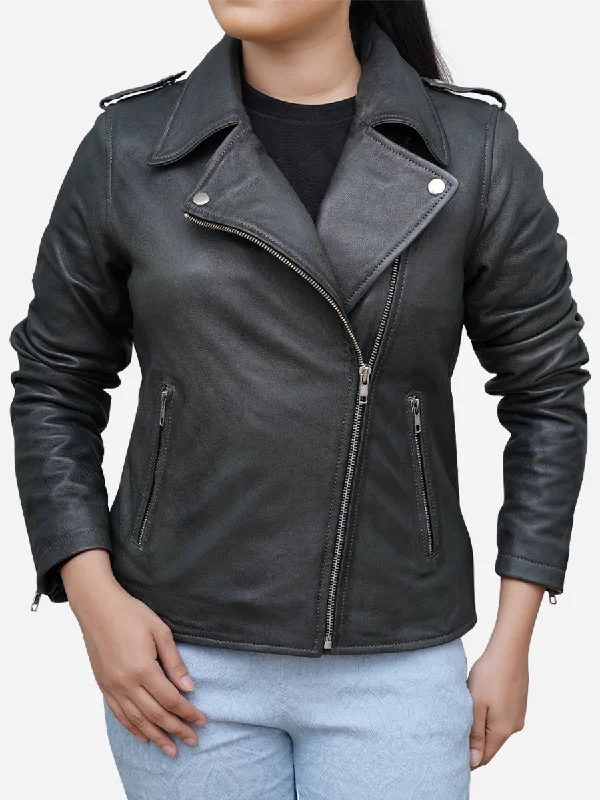 Integrated Design Elegant And Charming Women's Dynamic Grey Leather Biker Jacket