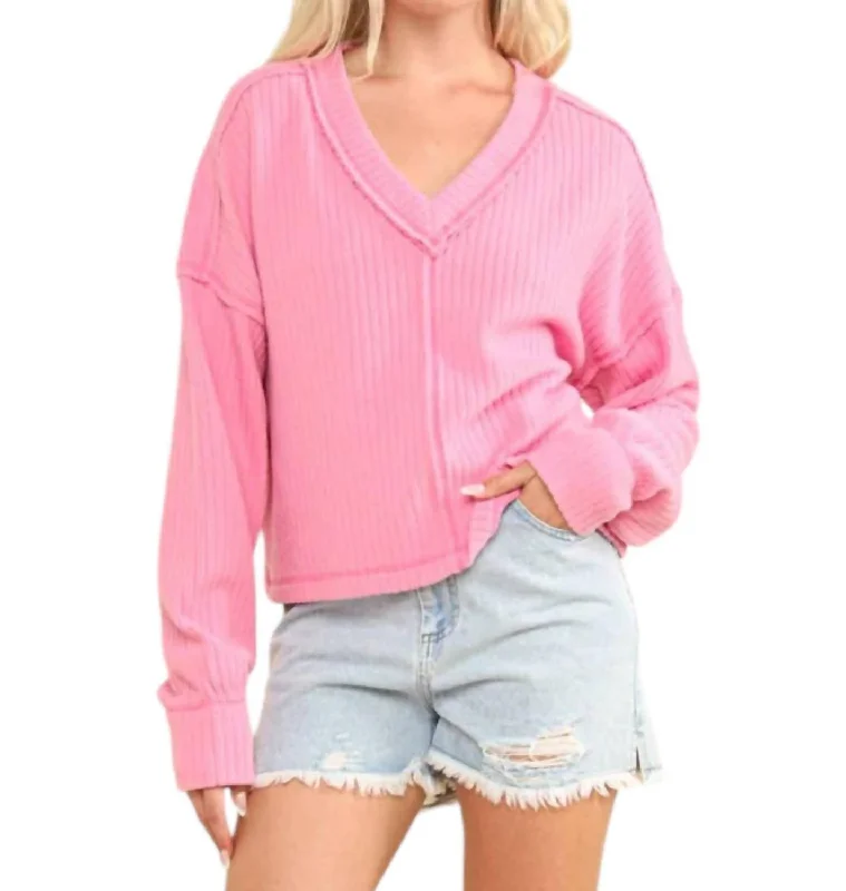 New Season Series Unique Design Vneck Raw Hem Cozy Sweater In Pink