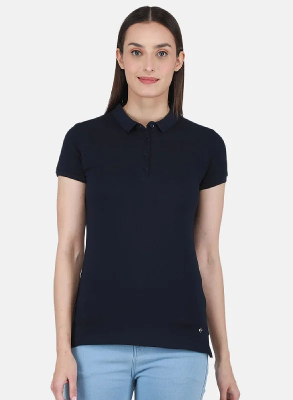 Youthful Street Fashion Modern City Women NAvy Blue Solid T-Shirt