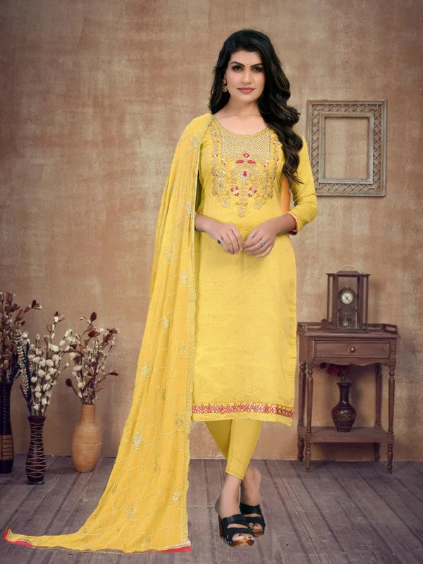 Noble Temperament Women's Yellow Chanderi Silk Embroidered Kurta With Trouser & Dupatta - Aastha Fashion