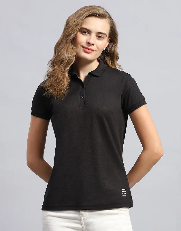 Lively And Youthful New Autumn And Winter Styles Women Black Solid Polo Collar Half Sleeve T-Shirt Lively And Youthful New Autumn And Winter Styles Women Black Solid Polo Collar Half Sleeve T-Shirt