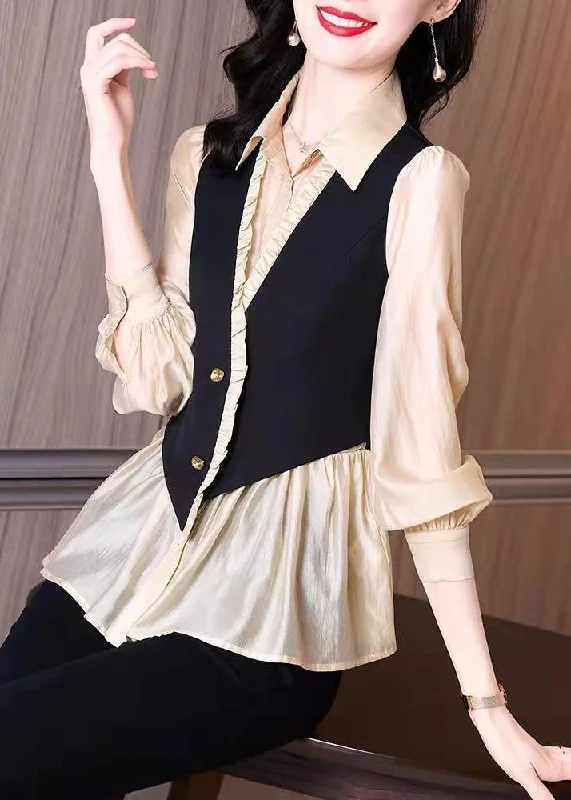 Fashion Design Elegant And Charming Handmade Stand Collar Ruffled Fake two piece Chiffon Shirts Long Sleeve Fashion Design Elegant And Charming Handmade Stand Collar Ruffled Fake two piece Chiffon Shirts Long Sleeve