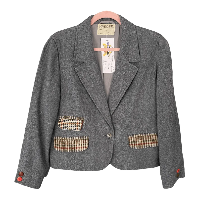 Street Fashion Style Jaeger Vintage Wool Single Breasted Jacket Grey with Tweed Detail UK Size 14