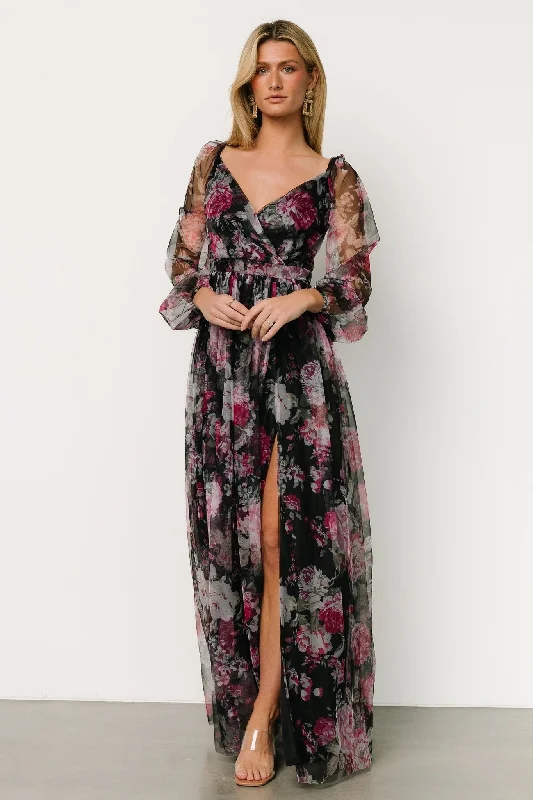 Personalized print Desiree Tulle Maxi Dress | Black + Fuchsia