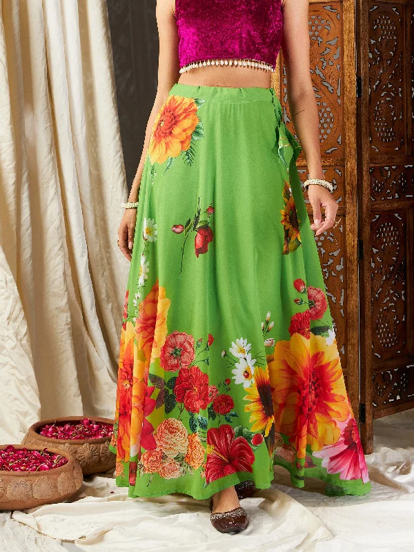 Celebrity Style Fashion Must-have Women Green Floral Bias Flared Skirt
