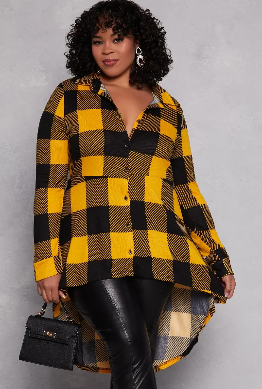 Street Style Plus Size Buffalo Plaid High Low Shirt