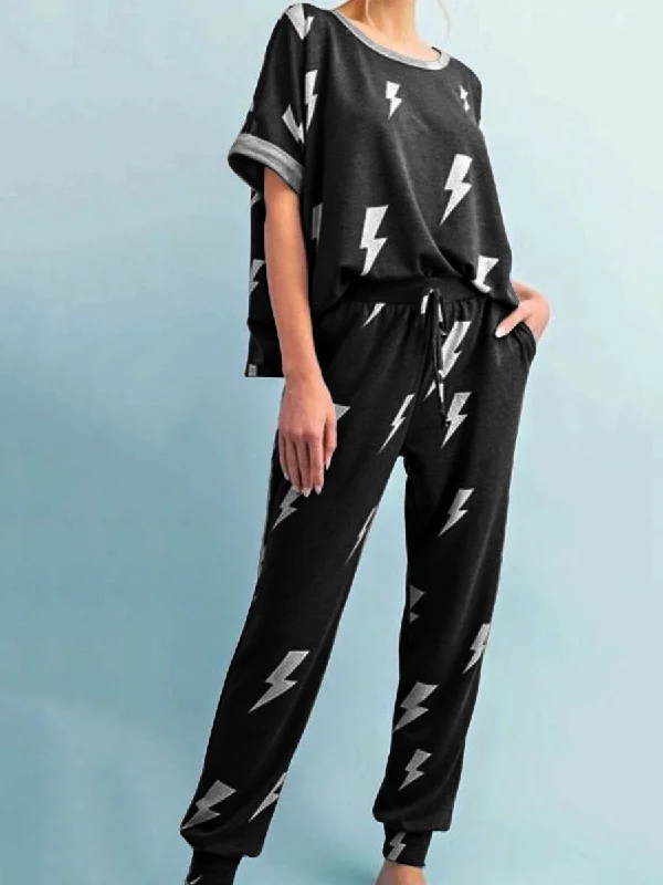 Sports Jumpsuit Casual Loose Comfortable Short Sleeve Top Pants Lightning Print Suit