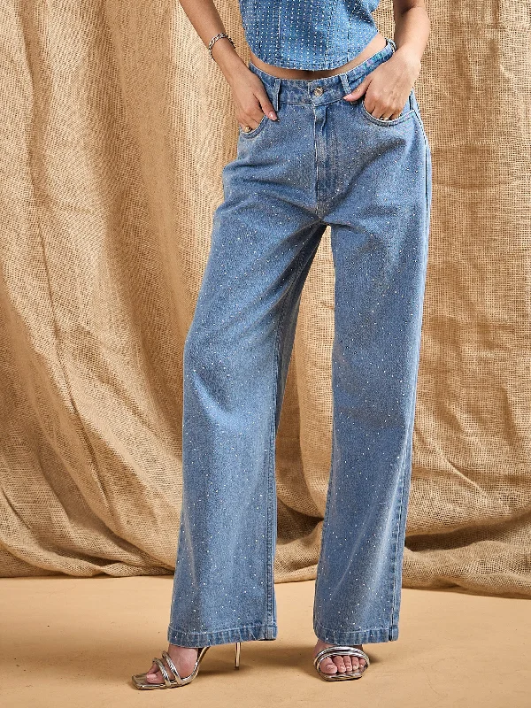 Single item design Women Blue Washed Stud Work Straight Fit Jeans