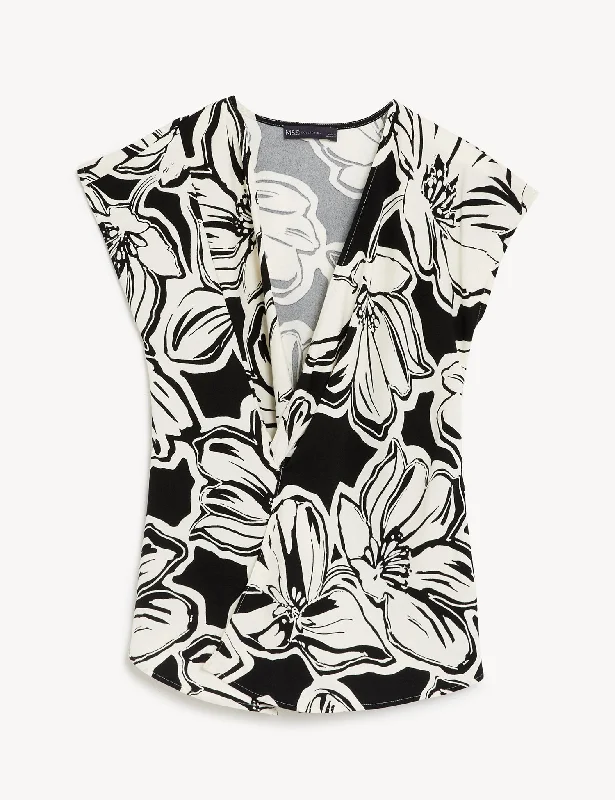 Integrated Design Elegant And Charming Floral V-Neck Knot Front Blouse
