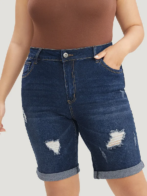 High-end Fashion Fresh And Natural Slightly Stretchy High Rise Dark Wash Distressed Denim Shorts