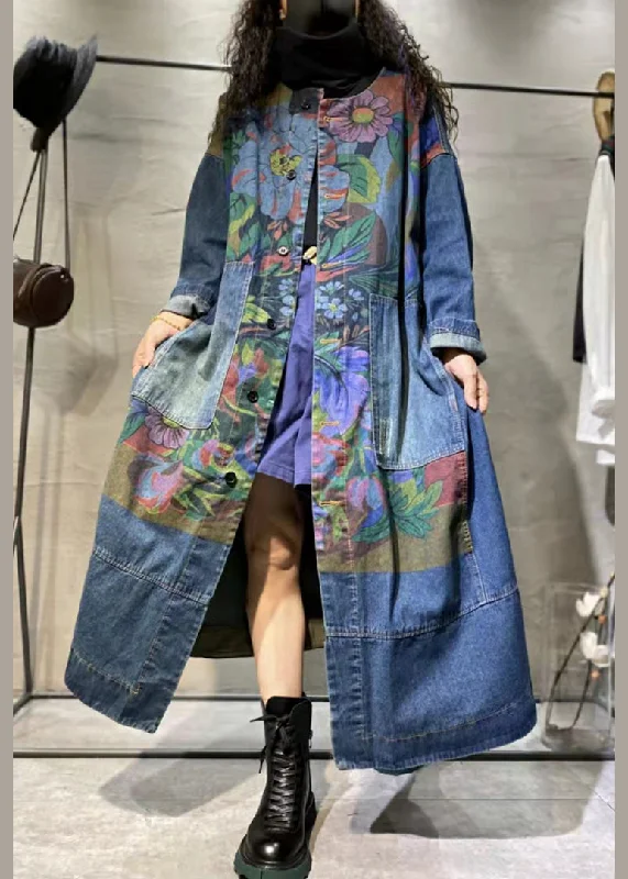 Retro Dress Loose Blue Print Pockets Denim Long Coat Long Sleeve