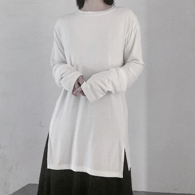 High-end Fashion Fashion Elements Handmade White Clothes For Women O Neck Side Open baggy Shirt High-end Fashion Fashion Elements Handmade White Clothes For Women O Neck Side Open baggy Shirt