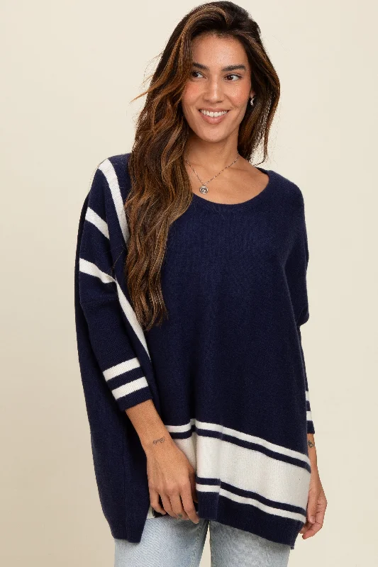 Classic Color Modern Tailoring Navy Mixed Stripe Dolman Sleeve Sweater