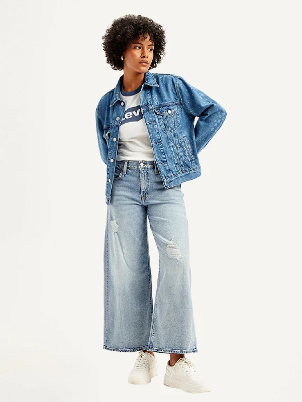 Exquisite Design End Of The Year Women's Mid Rise 94 Baggy Wide Leg Blue Jeans