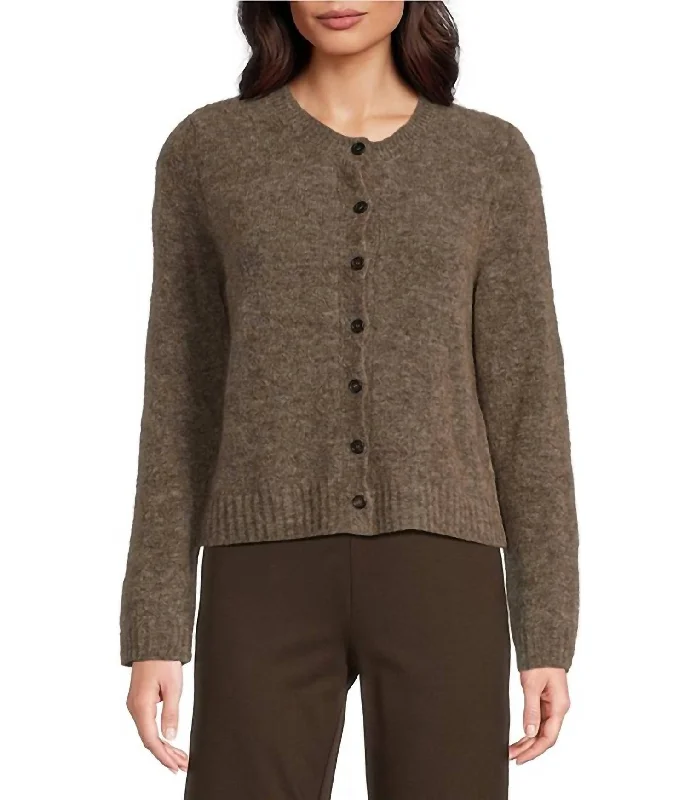 Short skirt design Crew Neck Cardigan In Taupe