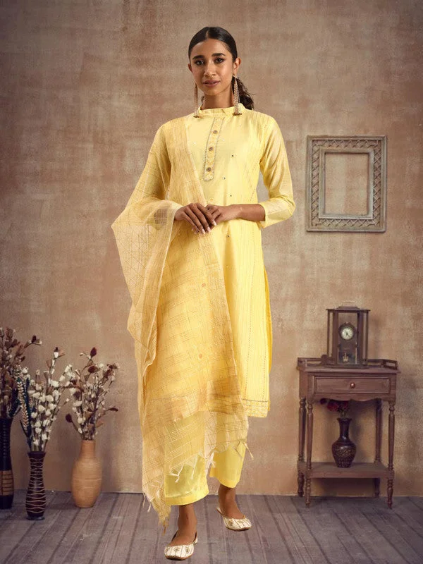 Advanced Customization Women's Yellow Chanderi Silk Embroidered Kurta With Trouser & Dupatta - Aastha Fashion