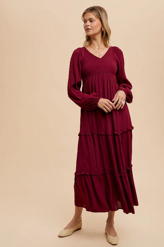 Sports And Leisure New Season Series Burgundy Smocked Tiered Midi Dress