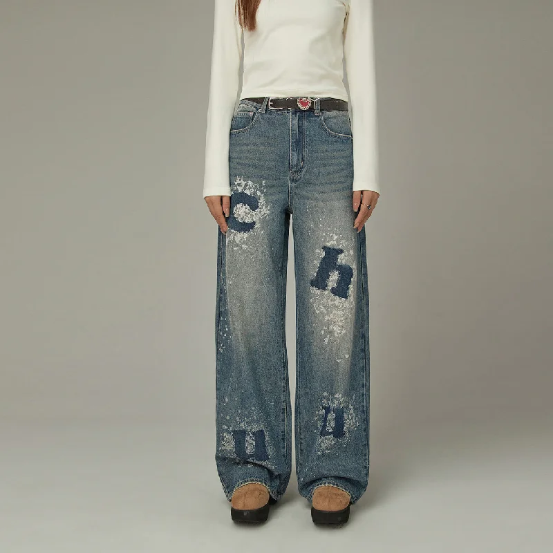 Retro Prints Youthful Jumbo Logo Lettering Washed Denim Jeans