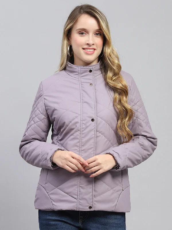 Street Sports Shoes Women Purple Solid Mock Neck Full Sleeve Jacket