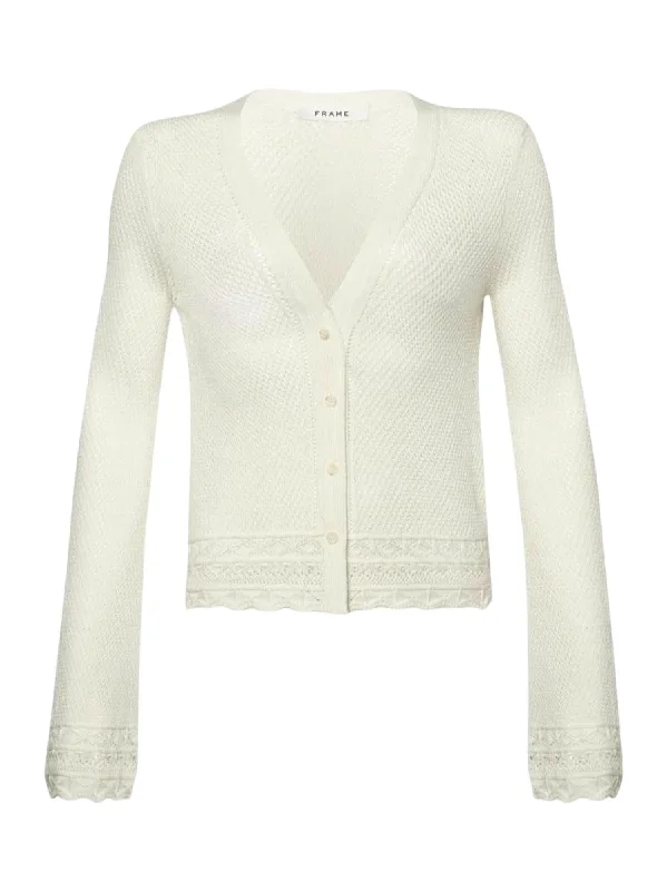 Sports Fashion Designer Style Pointelle Cardigan In Cream