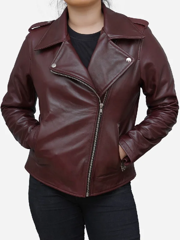 Sports Trend High Street Style Women's Burgundy Leather Biker Jacket