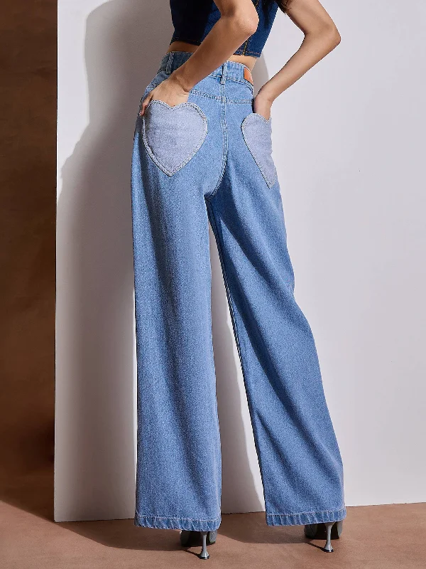 Exquisite Craftsmanship Comfortable Series Women Ice Blue Heart Pockets Straight Jeans