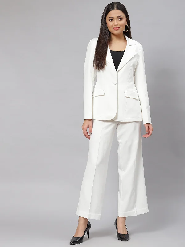 Round neck design Stretch Pant Suit - White