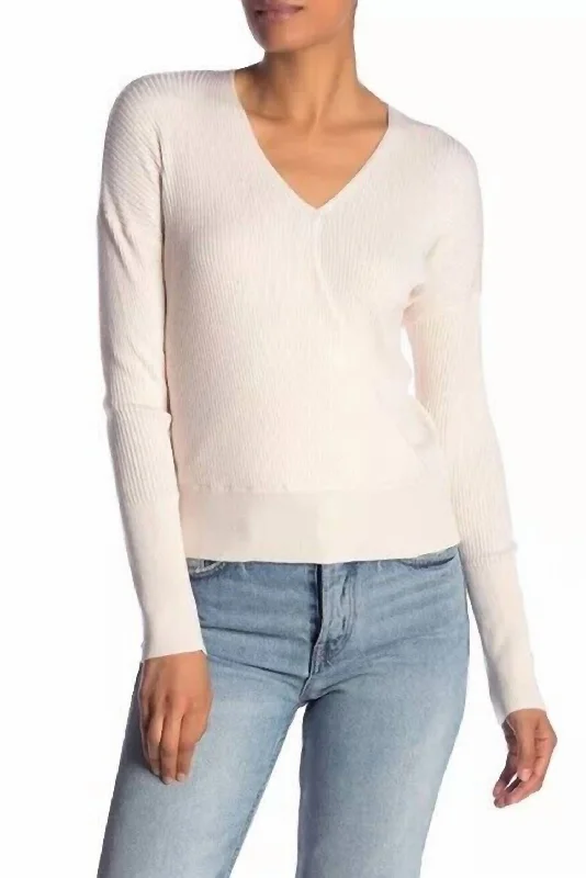 Street Letter Style Faux Wrap Ribbed Knit Surplice V Neck Sweater In Ivory