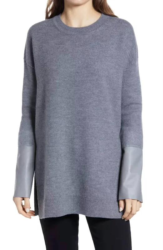 Classic Style Lively And Youthful Leather Cuff Mid Length Side Slits Wool Sweater In Gray