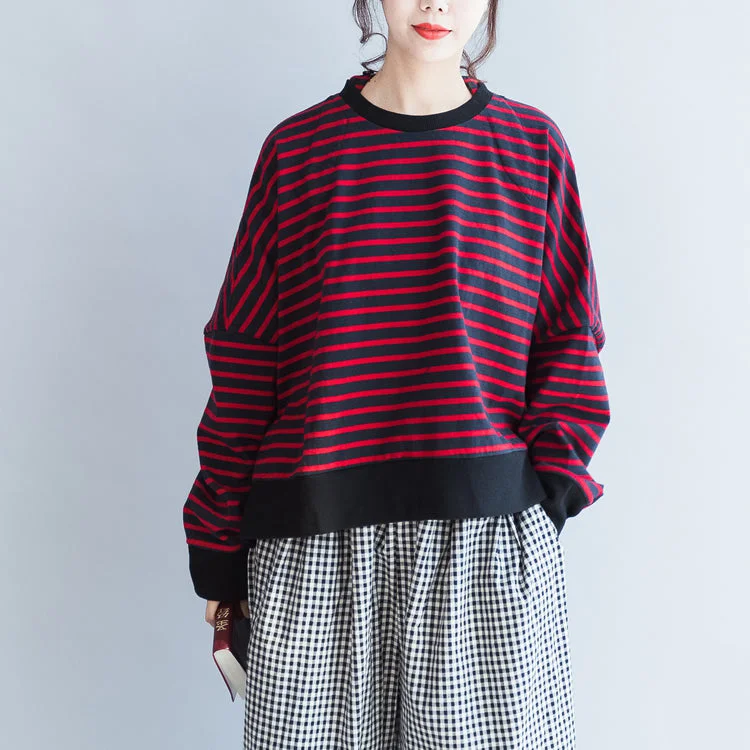 Sports Express new red black striped cotton t shirt oversize batwing sleeve side open pullover