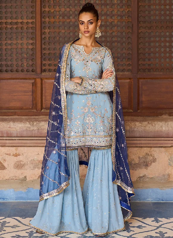 French Style Luxury Style Dusty Blue Georgette Gharara Suit