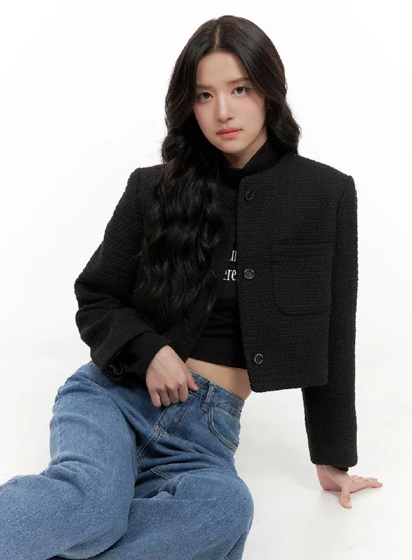 British Style Warm And Comfortable Tweed Buttoned Crop Jacket ON404