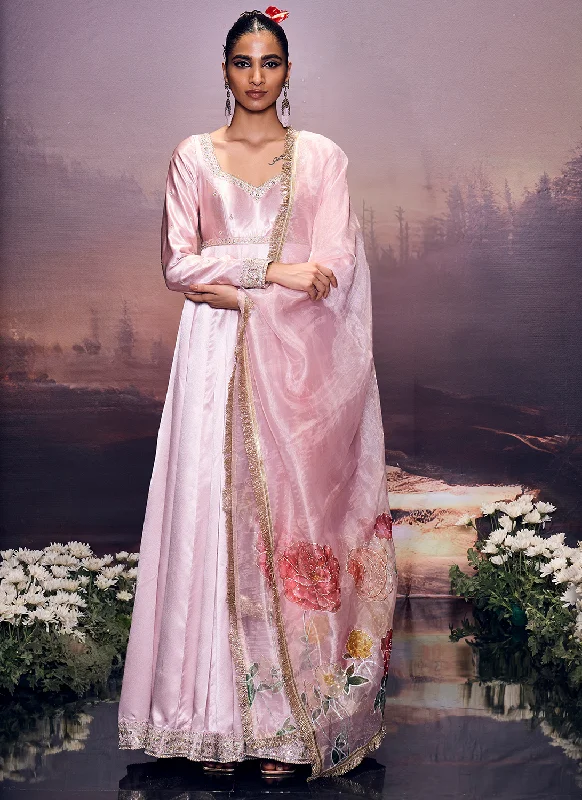 Fashion Classic Simple And Comfortable Light Pink Embroidered Satin Anarkali