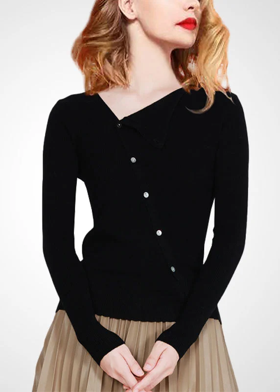 Warm Winter Series Modern Black Asymmetrical Slim Fit Wool Knit Top Winter