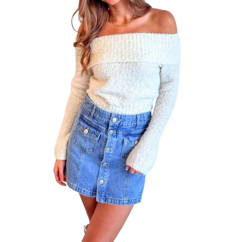 Retro Woolen Jacket Bliss Off Shoulder Sweater In White