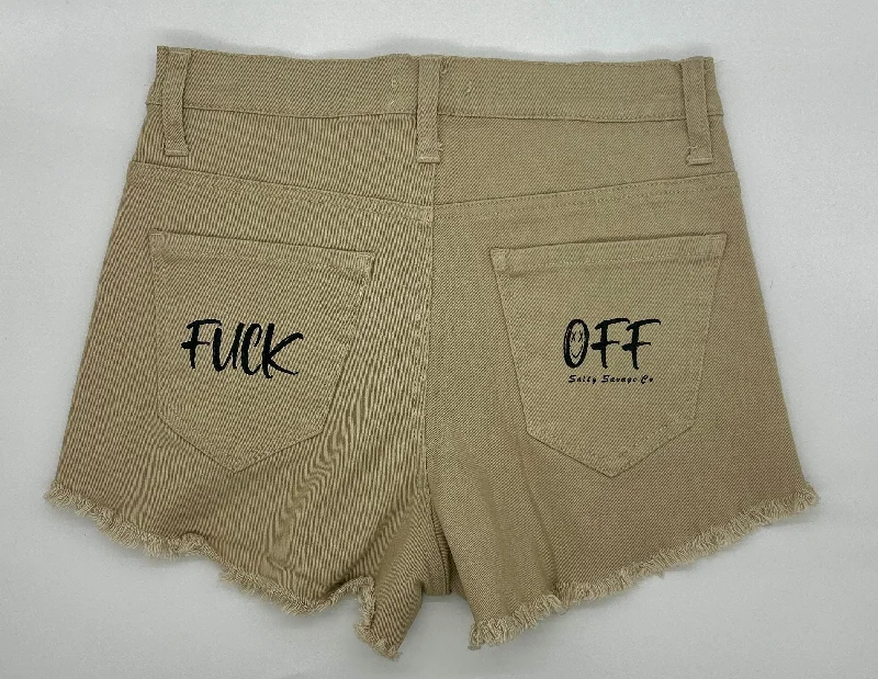 Personalized Wear Trendy And Casual Salty Savage Ladies Mid Rise “FUCK OFF” Distressed Stretch Jean Shorts | Khaki