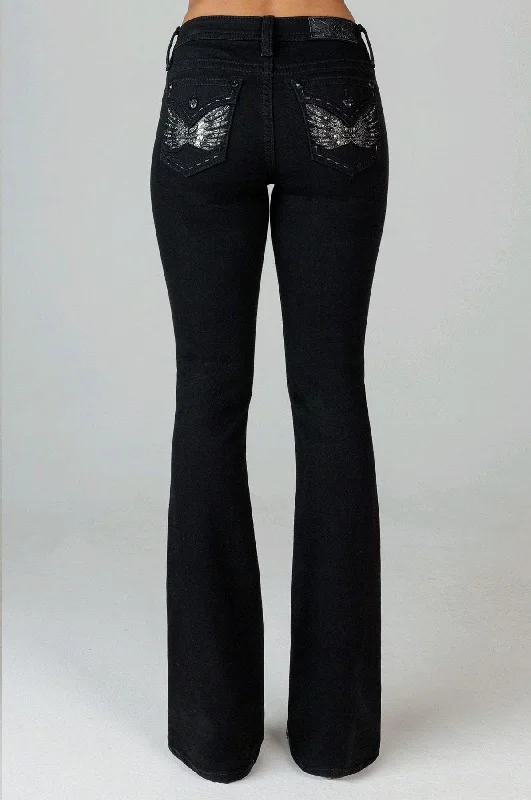 Personalized Design French Style Miss Me Women's Mid Rise Boot Cut Jean, Black