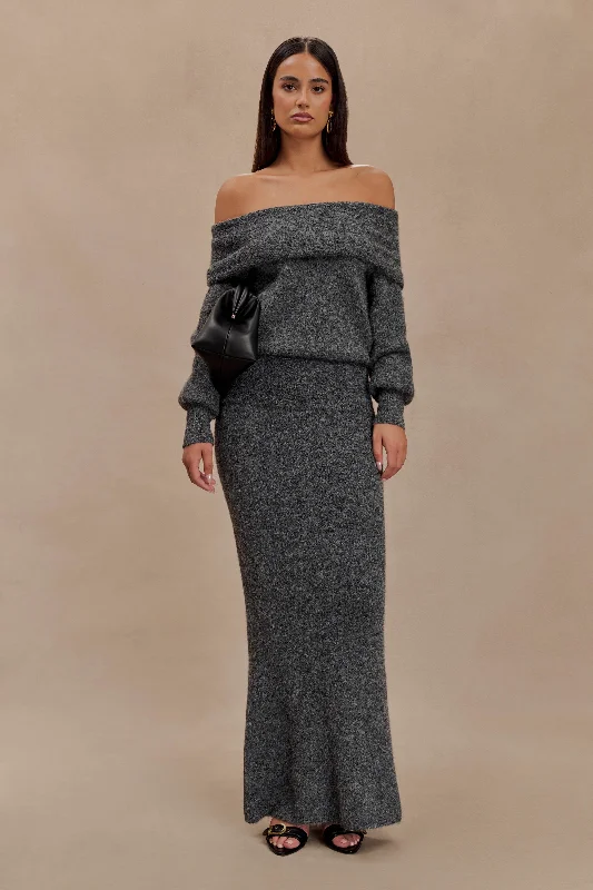 Retro Design Sweet Style Charlotte Knit Maxi Skirt With Overlay - Charcoal