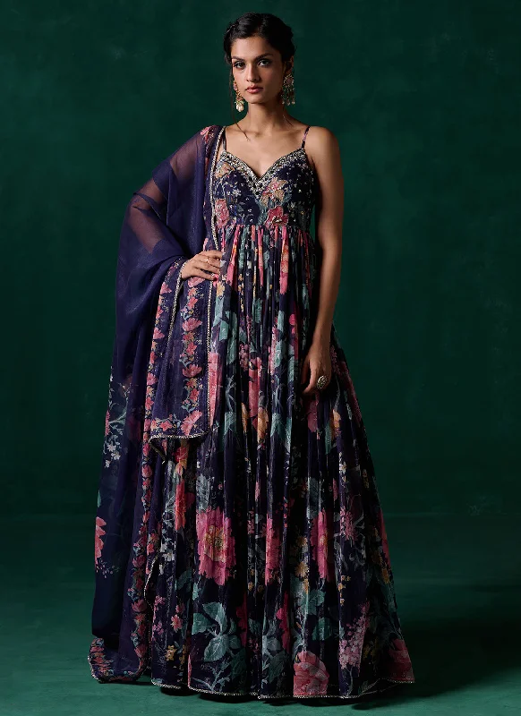 Printed Patterns French Style Navy Blue Multicolor Floral Printed Anarkali