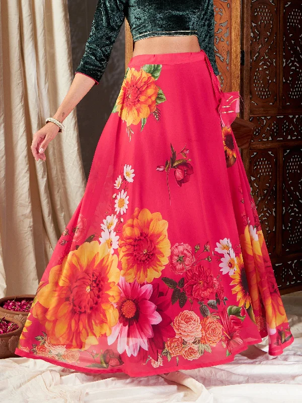 Short Design Elegant And Charming Women Fuchsia Floral Bias Flared Skirt